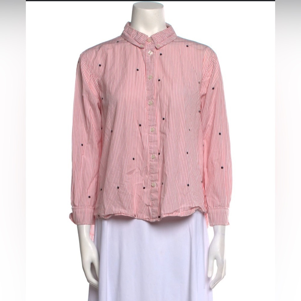 The Great
Striped Three-Quarter Sleeve Button-Up Top